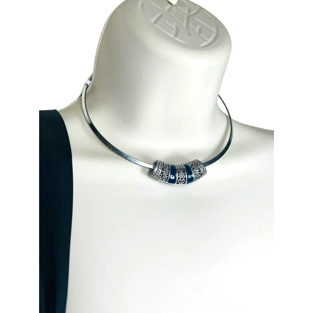 Tibetan Silver Filligree Sliding Pendant Charm Blue EnameL Necklace Choker VNTG - Picture 3 of 8